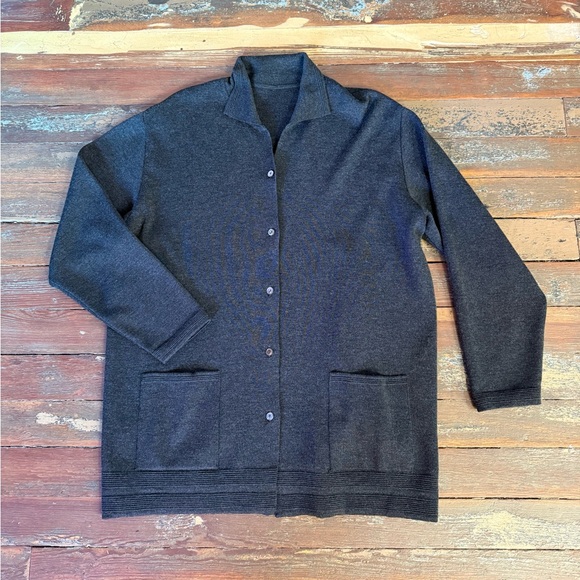 Woolmark Mens 100% Wool Made in Italy Charcoal Cardigan Sweater Sz Large 💛🍄
